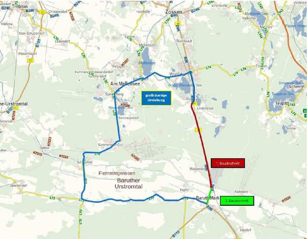 Umleitungsstrecke zur Fahrbahnsanierung Baruth-Neuhof