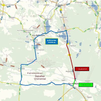Umleitungsstrecke zur Fahrbahnsanierung Baruth-Neuhof